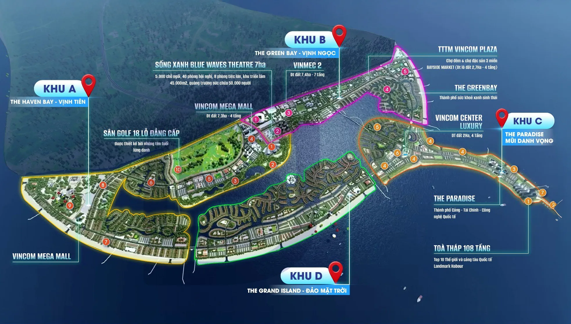 Mặt bằng tổng thể dự án Vinhomes Cần Giờ với 4 phân khu A, B, C, D; nổi bật các hạng mục chính như trung tâm thương mại Vincom, sân golf 18 lỗ, khu đô thị sinh thái, thành phố cảng – tài chính, và tòa tháp cao 108 tầng biểu tượng.