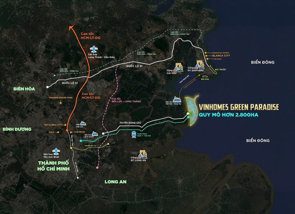 Vinhomes Green Paradise sở hữu vị trí đắc địa tại Cần Giờ, TP. Hồ Chí Minh, được bao quanh bởi hệ sinh thái rừng ngập mặn và giáp Biển Đông. Đây là cửa ngõ kết nối chiến lược giữa TPHCM – Long An – Đồng Nai – Vũng Tàu thông qua nhiều tuyến hạ tầng trọng điểm
